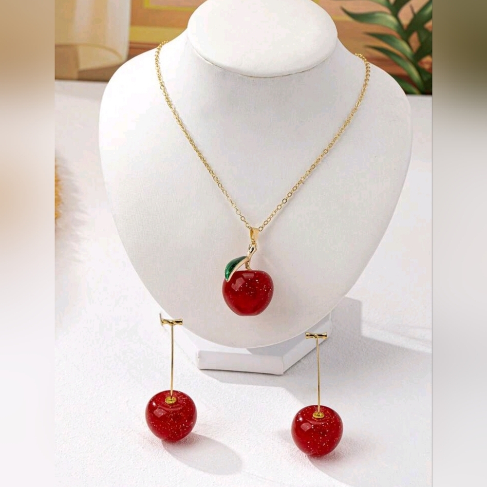 Cherry Pendant Necklace and Earring Set. - Picture 1 of 3